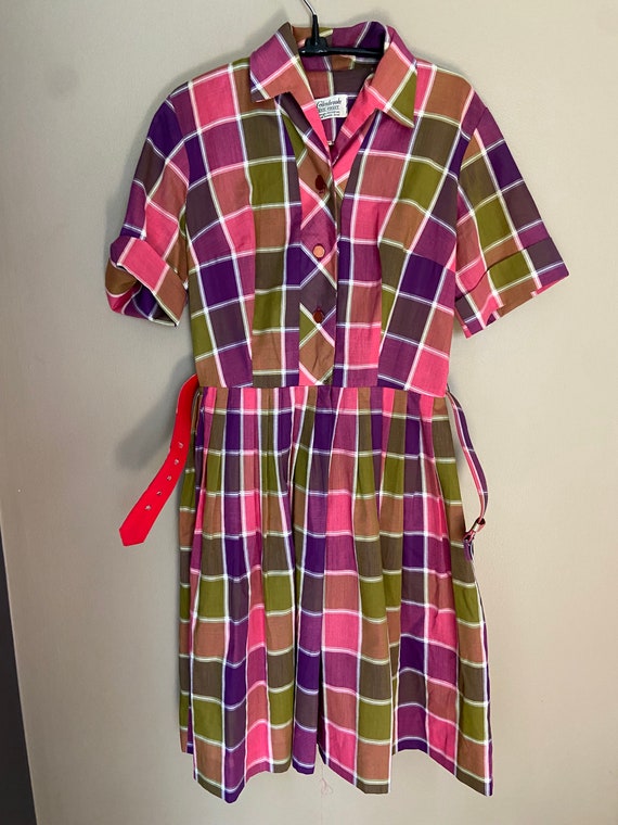 Vintage 60s 70s Bright Plaid Fit and Flare Rockab… - image 3