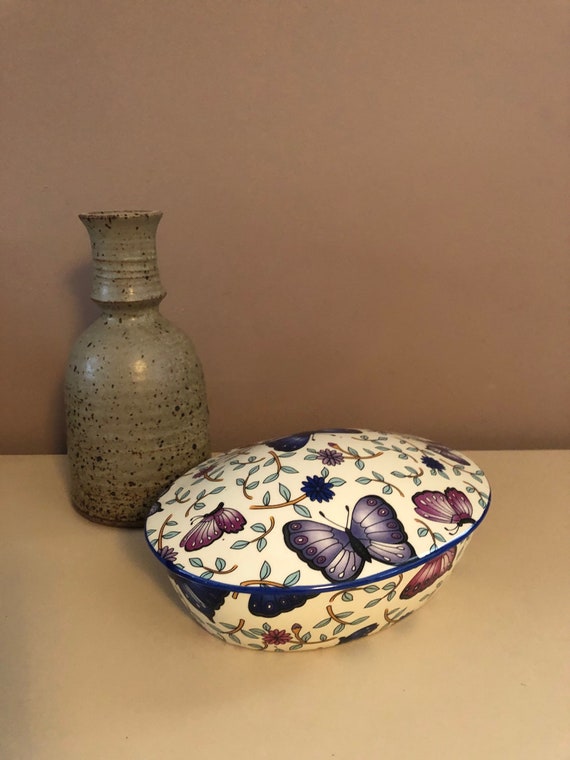 Vintage Bright Colored Butterfly Print Lidded Oval