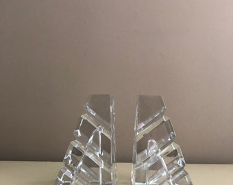 Vintage MCM Mid Century Modern Large Heavyweight Angled Geometric Glass Block Book Ends - Vintage Bookend - Glam Decor Minimalist Clear