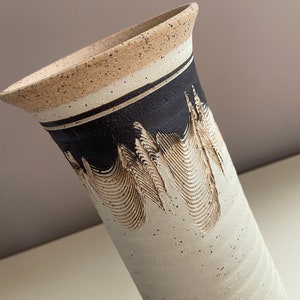 Vintage Midcentury Modern Studio Art Comb Pottery Stoneware Vase Beige and Brown Signed, Handmade 9 image 6