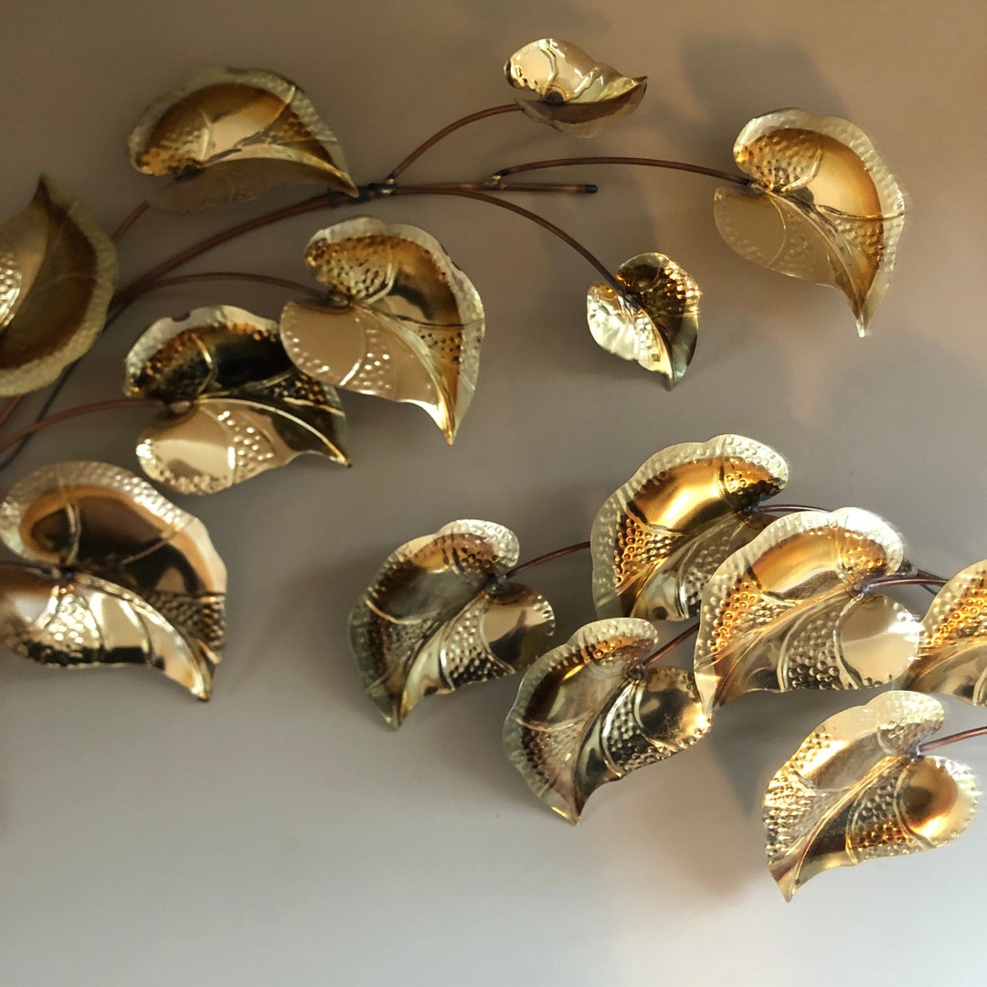 Set of 2 60s MCM Gold Tole Metal Wall Leaf Art Decor Swung Elegant