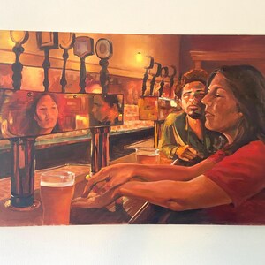 Vintage Original Painting of Woman and Man Sitting in a Bar Acrylic Oil Painting on Stretched Canvas
