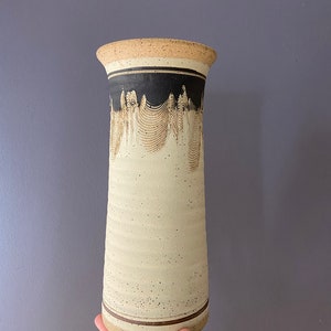 Vintage Midcentury Modern Studio Art Comb Pottery Stoneware Vase Beige and Brown Signed, Handmade 9 image 2