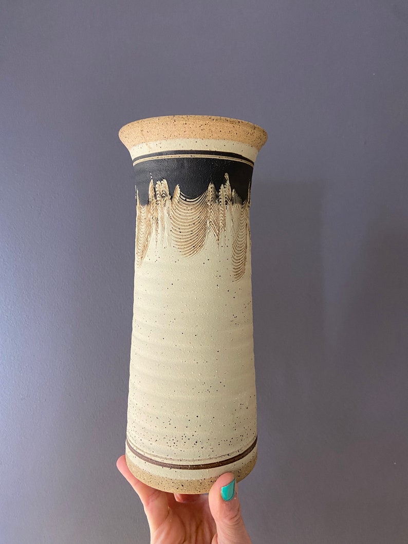 Vintage Midcentury Modern Studio Art Comb Pottery Stoneware Vase Beige and Brown Signed, Handmade 9 image 2