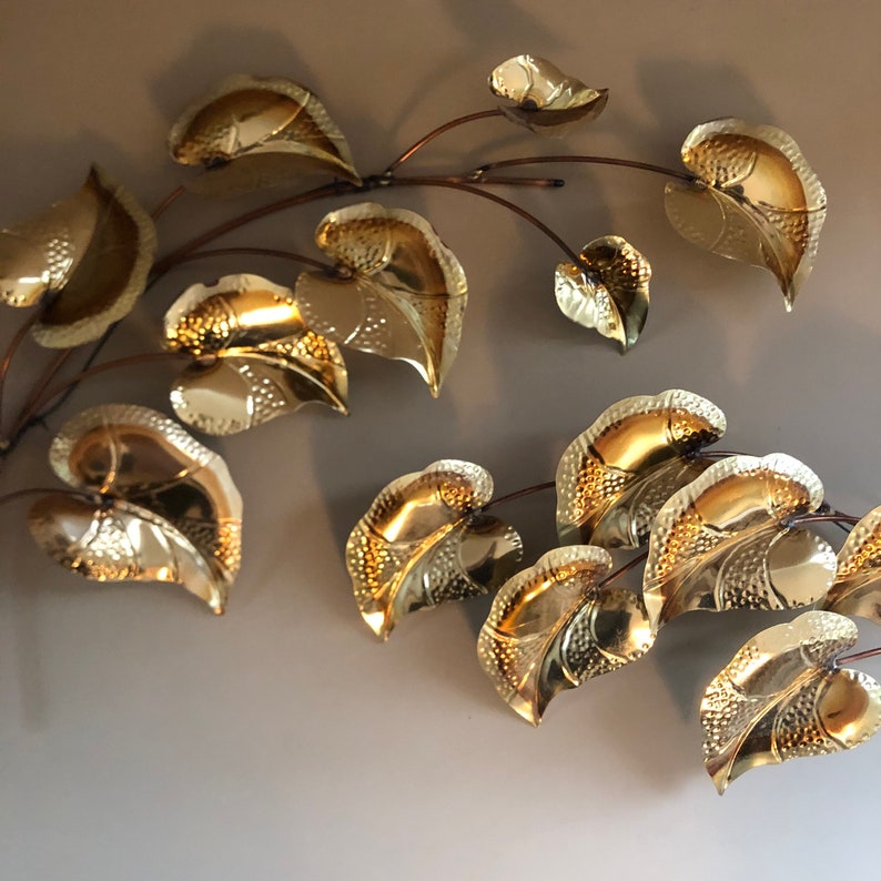 Set of 2 60s MCM Gold Tole Metal Wall Leaf Art Decor Swung Etsy