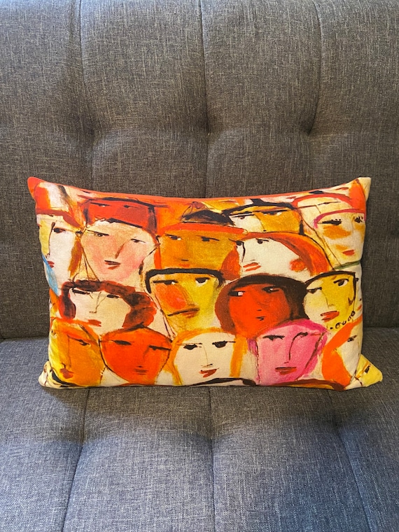 CB2 Crate Barrel Outsider Art Oblong Bright audience Throw Pillow Abstract Geometric People Design 100 Cotton Down Filled Etsy UK