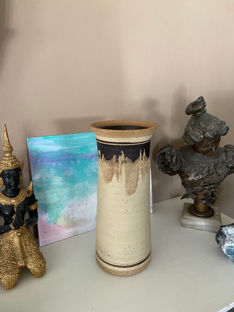 Vintage Midcentury Modern Studio Art Comb Pottery Stoneware Vase Beige and Brown Signed, Handmade 9 image 4