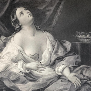 Grabado antiguo de Guido Reni del siglo XIX &quot;La muerte de Cleopatra&quot; Cleopatra y Asp firmado H.C. Shenton, H.Bourne, grabado en acero