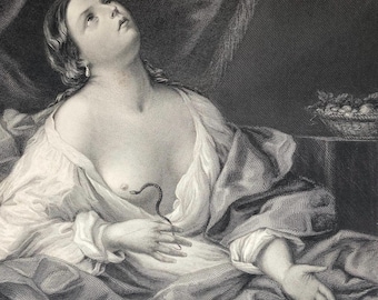 Antique 1800s Guido Reni Etching  Engraving "The Death of Cleopatra"  Cleopatra & Asp Signed H.C. Shenton, H.Bourne, Print Steel Engraving