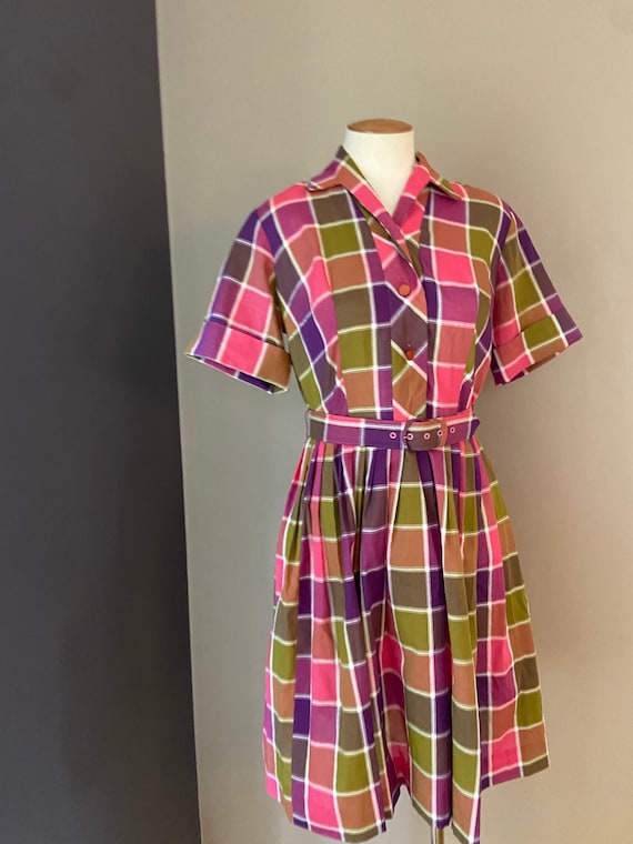 Vintage 60s 70s Bright Plaid Fit and Flare Rockab… - image 1