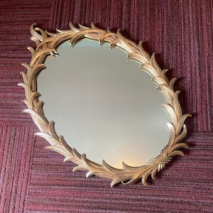 Vintage Wood Syroco Mirror, 28” Large Gold Ornate Mirror, Laurel Leaf Italian Style Mirror, Colonial, Hollywood Regency Gilden Baroque