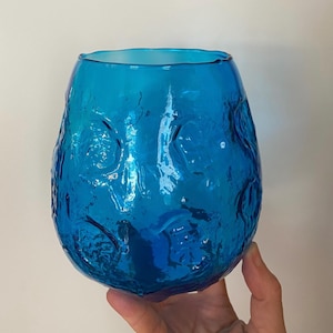 Vintage MCM  Art Glass Bright Teal Bulbous Vase with Polka Dot Texture - Midcentury Modern Bowl Vase