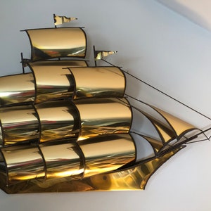 Vintage 70s MCM XXL Gold Brass Wall Sculpture of a Ship By Demott Wall Art, 46" wide, 3-dimensional Sculpture 60s