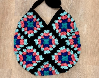 Bolso de mano de ganchillo estilo cuadrado de la abuela, bolso de mercado bohemio, bolso de hombro hecho a mano