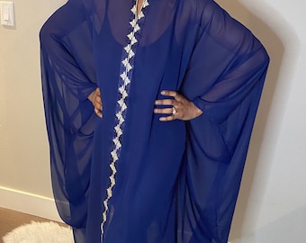 Blue Sheer Kaftan Abaya Dress: Long Exotic Caftan