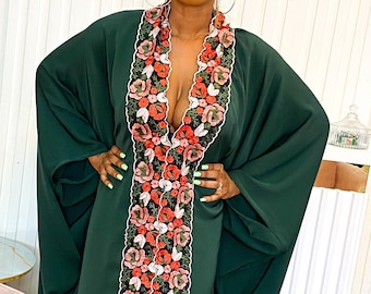 Green Embroidery Kaftan Abaya Dress. Moroccan Caftan. One Size Exotic Kaftan.