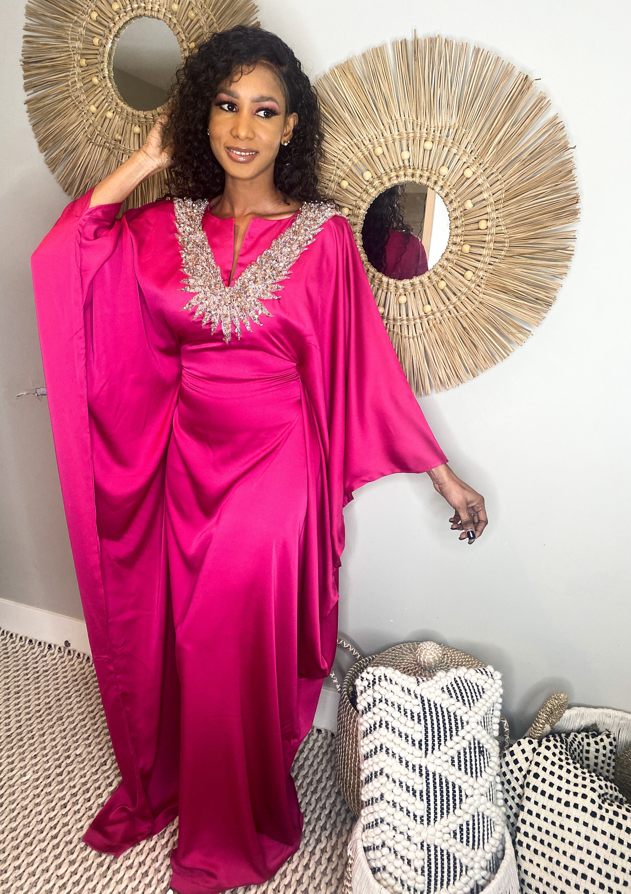 Feather Trimmed Embellished Kaftan-Abaya - Pink