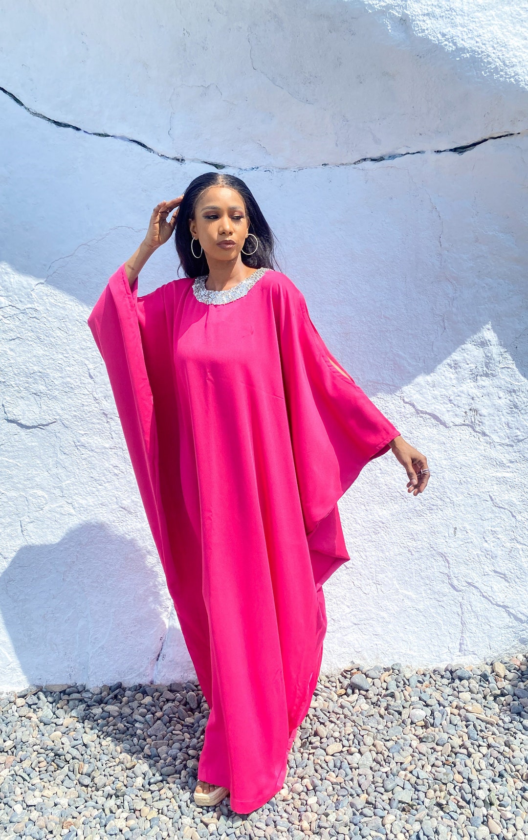 Dark Pink Silk Taffeta Beaded Sleeves Abaya