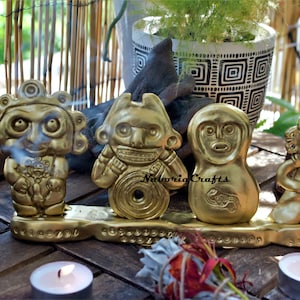 Metallic Gold Color Taino Art Sculptures Cemis Set of 4 with Base (WAVE2)