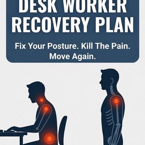 May include: A graphic promoting a desk worker recovery plan. The image features silhouettes of a person sitting at a desk and standing, with highlighted pain points. Text reads "DESK WORKER RECOVERY PLAN" and "Fix Your Posture. Kill The Pain. Move Again."
