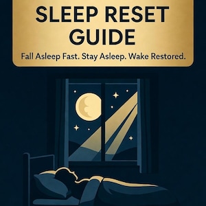 May include: Digital illustration promoting sleep health. The image shows a person in bed, a window with a moon and stars, and text that reads "COMPLETE SLEEP RESET GUIDE". The website "AcuTherapy.fit" is also displayed.