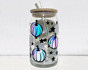 Spooky Pumpkin Star Beer Can Glass Bamboo Lid Straw Tumbler Handmade Gift Rainbow Black Cold Brew Iced Coffee Halloween Goth Gothic 16oz
