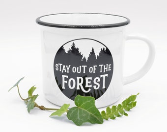 Stay Out Of The Forest camping cup. True crime gift for podcast fans. Ceramic coffee and tea camper mug.