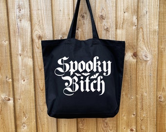 Spooky Bitch Bat Tote Bag Gothic Goth Halloween Black Premium Cotton Maxi Shopping Large Shoulder Handbag Gift Spooky Season Style
