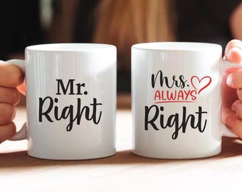 Mr Right Mrs Always Right Couple Mugs For Anniversary 11oz Ceramic, Husband Wife Matching Coffee Mugs, For Her Him His & Hers