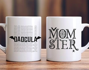 Halloween Matching Mugs 11oz. Ceramic, Momster Dadcula Halloween Couple Mugs, Gift For Mom Dad For Her For Him, Monster Dracula Mugs,