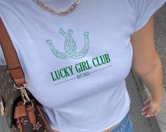 Lucky Girl Club Baby Tee, Cute Fitted Cropped St Patrick's Day Shirt For Women, 90s Vintage Style St. Paddy's Outfit, Horseshoe Trendy