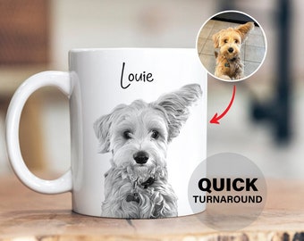 May include: White ceramic mug featuring a black and white portrait of a dog named Louie, with one ear flopped over. A smaller color photo of the dog is in the upper right. The mug has the words "Quick Turnaround".