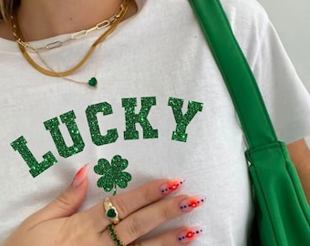 Lucky Glitter Baby Tee, St. Patrick's Glitter Shirt For Women, Glitter Clover, Women's Lucky T-Shirt, Y2K 90s Style Trendy Coquette