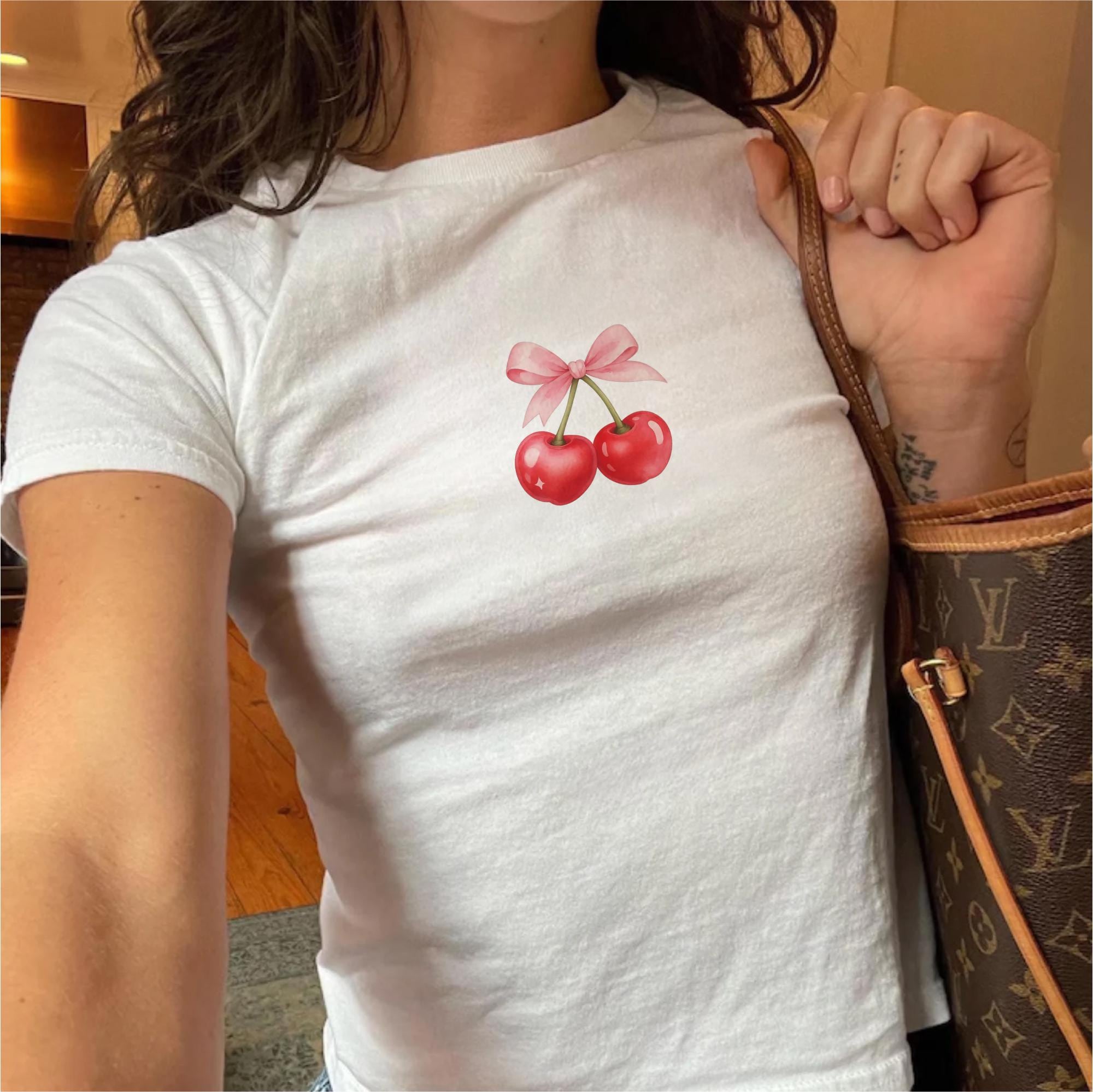 ★KIRSH★ Ribbon Cherry Graphic Crop T-Shirt White KIRSH Women's Big Cherry Glitter Graphic T-Shirt Standard