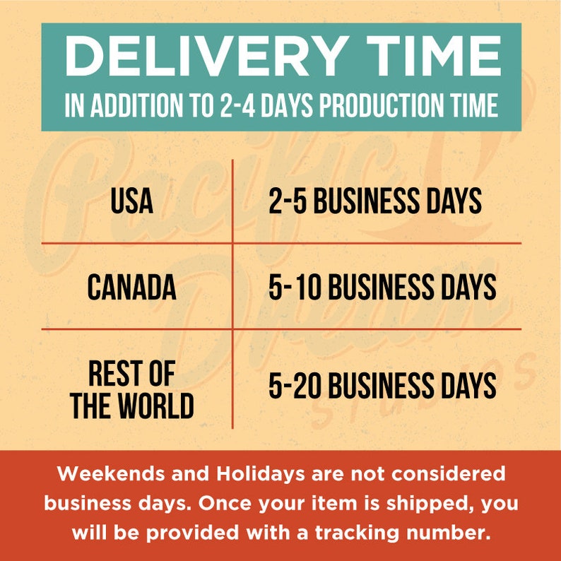 May include: A teal and orange graphic with the words "DELIVERY TIME" and "IN ADDITION TO 2-4 DAYS PRODUCTION TIME." It lists delivery times for the USA, Canada, and the rest of the world.