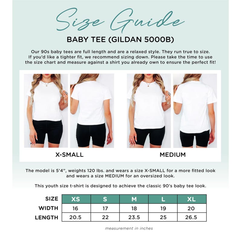May include: Size chart for a baby tee, showing the width and length measurements in inches for sizes XS, S, M, L, and XL. The chart is labeled "Baby Tee (Gildan 5000B)".