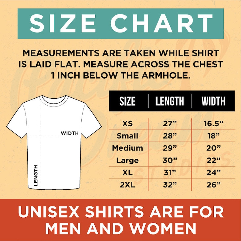 May include: A size chart for unisex shirts, with measurements in inches. The chart includes sizes XS to 2XL, with corresponding lengths and widths. The text states that measurements are taken with the shirt laid flat.