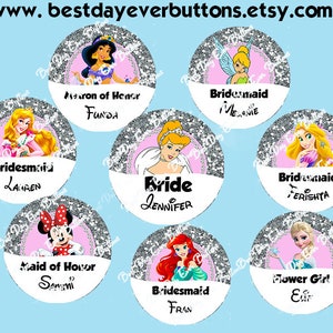 Disney Bridal Buttons-Princess Wedding Buttons-Disney Bridesmaid buttons-Bride Squad Buttons-Bride Tribe Buttons-Disney Buttons-BridalPins