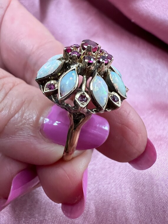 Antique Victorian 14K gold ruby and opal ring - image 7