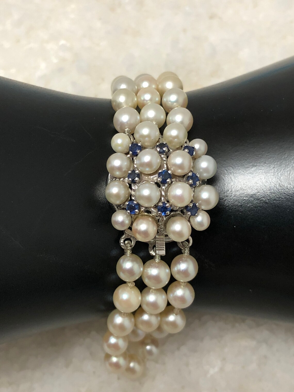 Vintage 14K Gold Triplestrand Pearl Bracelet With Blue Sapphires Etsy