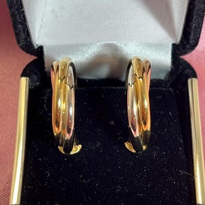 Exquisite Cartier Trinity hoop earrings crafted from 18K yellow, white, and rose gold, braided into three graceful, twisted strands.