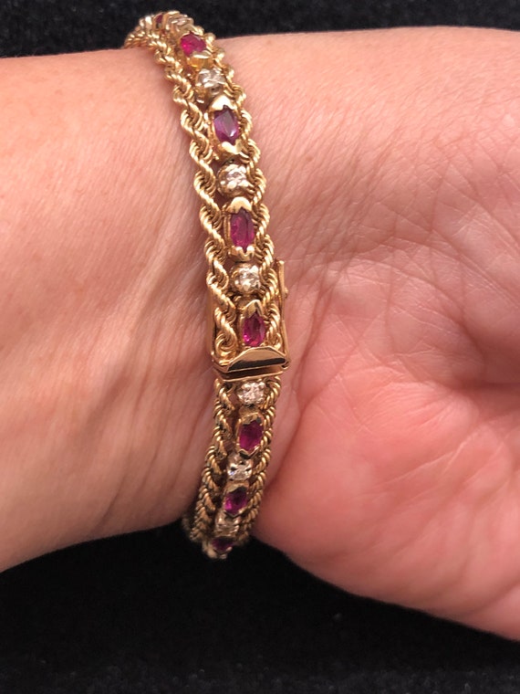 Vintage 14K gold ruby and diamond bracelet - image 2