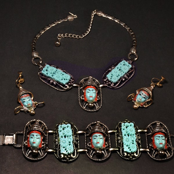 Vintage Selro Selini Blue Asian Princess Necklace, Bracelet, Earrings Set