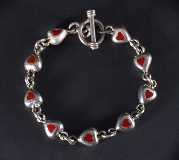 Vintage Sterling Silver Red Hearts Link Bracelet - image 1