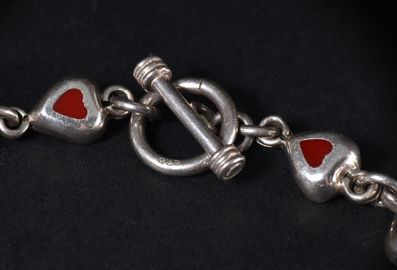 Vintage Sterling Silver Red Hearts Link Bracelet - image 3