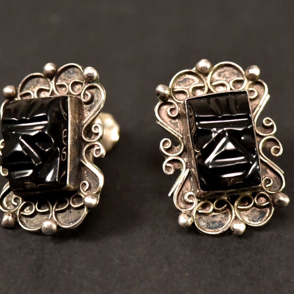 Vintage Mexican Silver and Carved Black Onyx Diaz Santoyo Screw Back Earrings