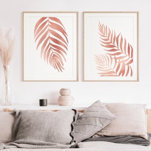 Set of 2 Rose gold Palm leaf, pink leaf wall art, botanical print,pink office art, bedroom art print, living room art