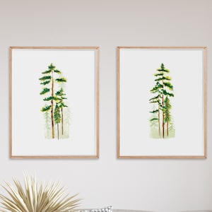 Watercolor Pine Tree Print Set: Foggy Forest Wall Art