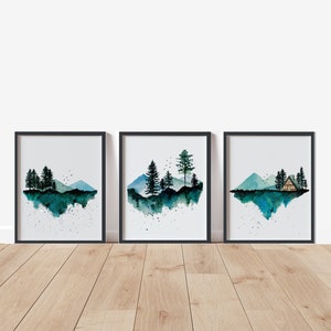 Set of 3 Watercolor landscape wall arts, nature prints, mountain wall arts, Forest print,