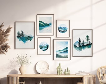 Abstract Mountain gallery wall set, Watercolor Mountain prints, Nature wall arts